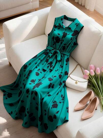 GlowEve CURVE Vestido camisero casual de mujer talla grande, de estilo minimalista y elegante, con cuello, sin mangas, cintura ceñida y estampado, para primavera/verano