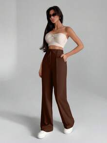 EURMUSE Women Solid Color Wide Leg Tie Front Detailed Pants - Mocha Brown - View 3