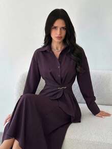 Firerie Women's Casual And Elegant Eggplant Purple Long-Sleeved Blouse, Metallic Embellishment, Suitable For Business Commuting, Sophisticated And Elegant Top/Old-Money Style Blouse/Teacher's Attire/Red Blouse - Red Violet - View 7