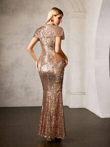 MOTF PREMIUM 女士优雅亮片高领长款晚礼服，饰有水钻装饰和美人鱼下摆，适合正式活动和庆典 - 香檳色 - 查看 4