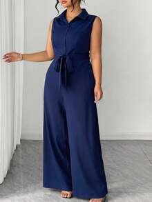 Elenzga Plus Size Women's Elegant Commuter Shirt Collar Short Sleeve Button Half-Open Cinched Waist Jumpsuit, Spring/Summer - Navy Blue - View 5