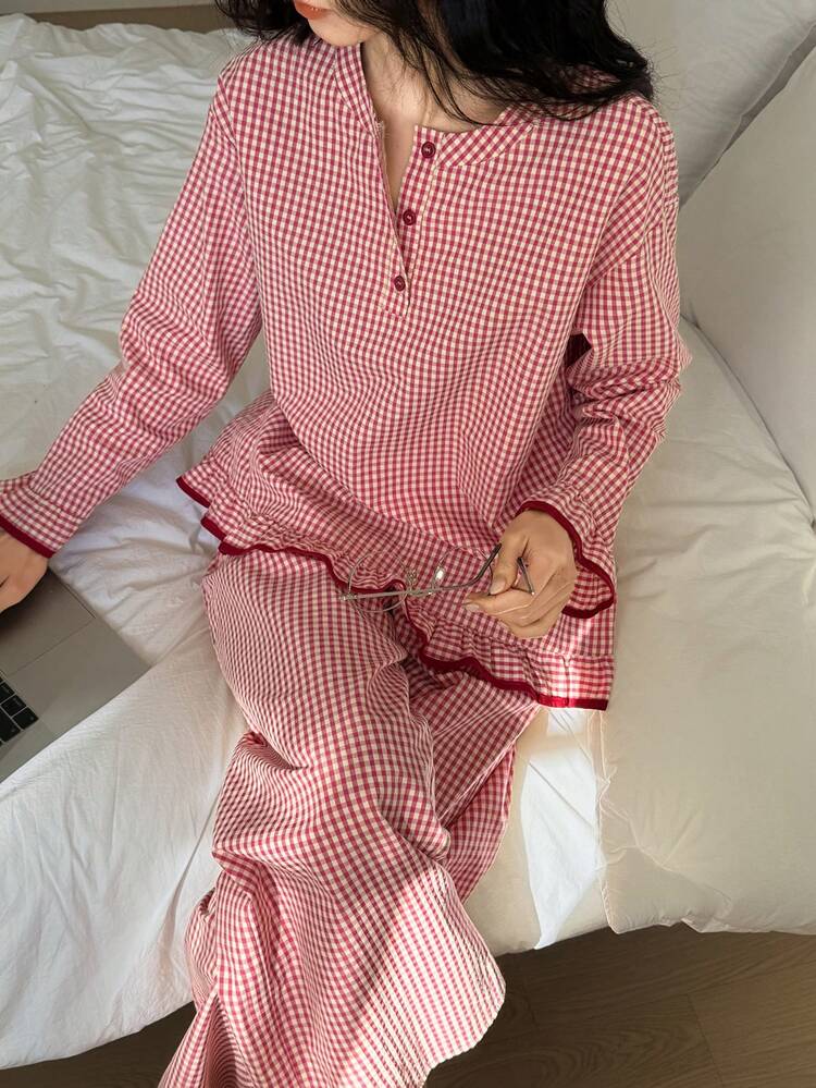 2pcs Women Plaid Ruffle Trim Long Sleeve Top And Straight Leg Pants Pajama Set