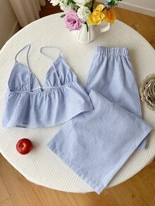 SHEIN PETITE CURVE Bộ đồ nữ cỡ lớn đi nghỉ mát gồm áo hai dây kẻ sọc buộc dây phía trước và quần ống rộng, set 2 mảnh thường ngày, bộ đồ mùa hè nữ, set đồ cotton 2 mảnh họa tiết kẻ caro. - Xanh và trắng - Xem 2