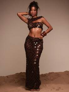 MUSERA Open Knit Sequin Off-The-Shoulder Crop Top Only Cover Up Swim Vacation Holiday Summer Travel Beachwear Terra Sol - Chocolate Brown - View 5