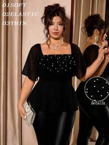 Cravure 加大码女式方领仿珍珠装饰优雅荷叶边袖上衣黑色俱乐部风上衣 - 黑色 - 查看 1