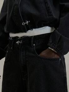 Musero Baggy Washed Clasp Fastening Detail Denim Trouser Bottoms Co Ord Sets Jeans Only Autumn Winter Essentials - Black - View 5