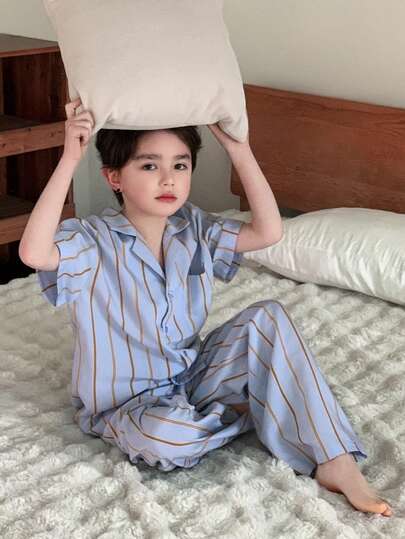 Dazy Kids Tween Boy Striped Short Sleeve Single-Breasted Top And Long Pants Pajama Set