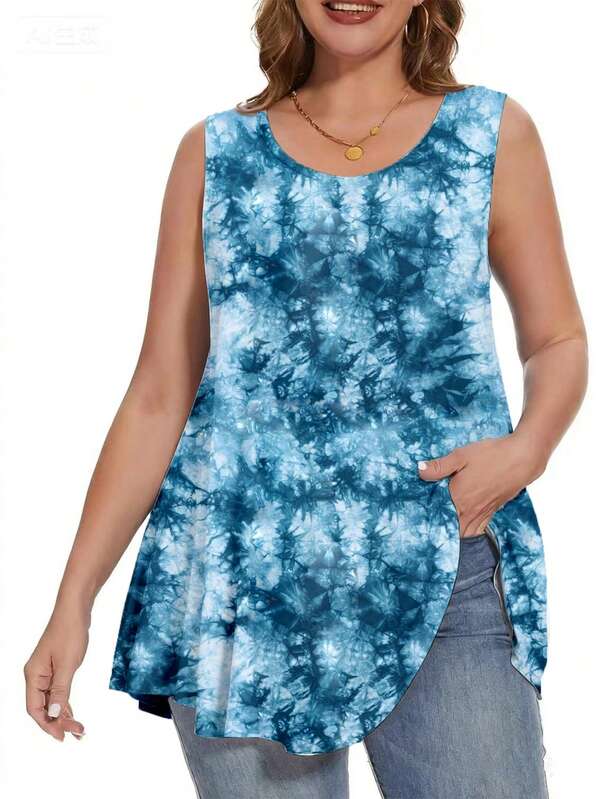 EMERY ROSE Women's Plus Size Tie-Dye Pattern Printed Vest, Casual And Loose Tie-Dye Purple Plus-Size Women's Top.