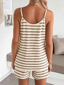 SHEIN Maternity Women's Striped Camisole Top And Adjustable Waist Shorts Set - Coffee Brown - View 2