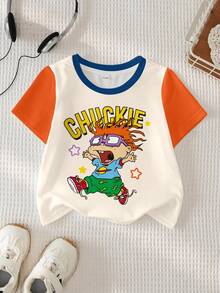 Nick 90s | SHEIN Áo thun ngắn tay cổ tròn in hình hoạt hình phối màu tương phản cho bé trai, thích hợp mặc mùa hè. - trắng - Xem 1