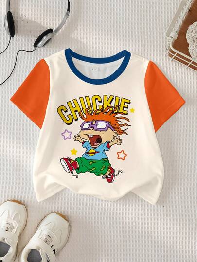 Nick 90s | SHEIN Baby Boy Casual Contrast Color Cartoon Print Round Neck Short Sleeve Top, Summer
