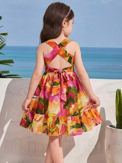 SHEIN Young Girl Ditsy Floral Pleated Casual Camisole Dress