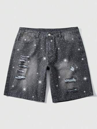 Street Life Pantalones cortos vaqueros casuales con bolsillo con estampado de rhinestones para hombres