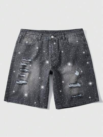 ROMWE MEN Street Life Men's Rhinestone Print Pocket Casual Denim Shorts