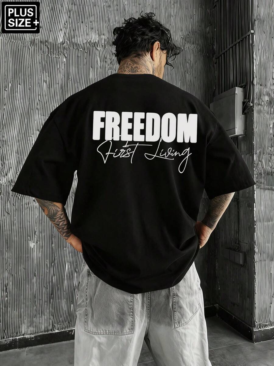 Manfinity LEGND Áo thun nam cỡ lớn, kiểu dáng thường ngày, in chữ, vai rớt, màu đen, thích hợp cho việc đi làm. - màu đen - Xem 1