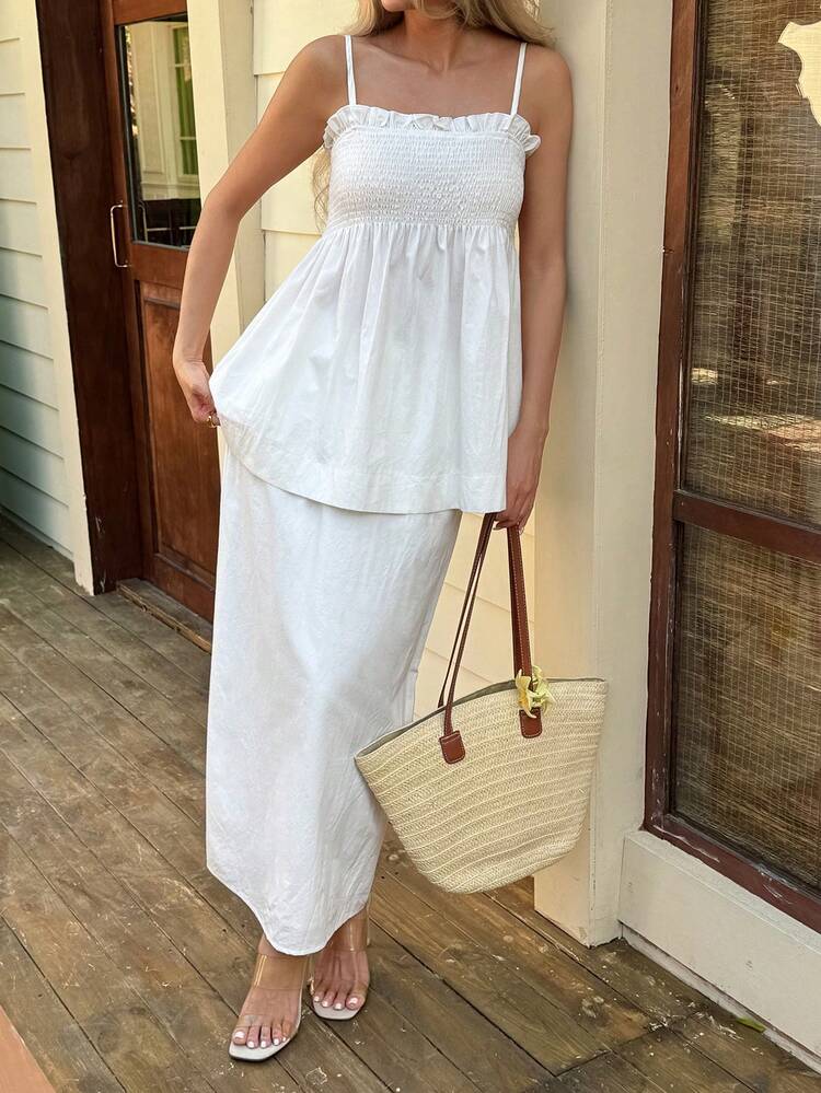 2pcs Women's Solid Color Fitted Cable Knit Maxi Slit Skirt & Camisole Elegant Vacation Outfit, Spring/Summer