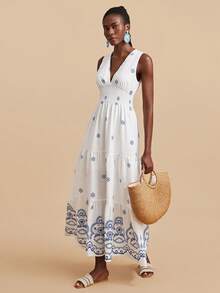 Travachic 女士碎花收腰连衣裙，波西米亚风，西式风格，夏季度假，适合假日、约会、下午茶、音乐节等场合，波西米亚风夏季连衣裙，女士海滩度假装扮，夏季服装，优雅女士连衣裙 - 藍白色 - 查看 4