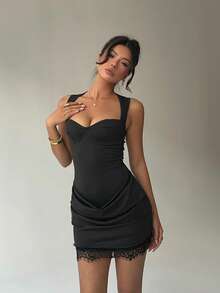 Aloruh Women's Elegant Summer Sweet Heart Neck Lace Patchwork Mini Dress, Black Bodycon Ruched Bustier Dress For Night Out Dates And Outings - Black - View 6