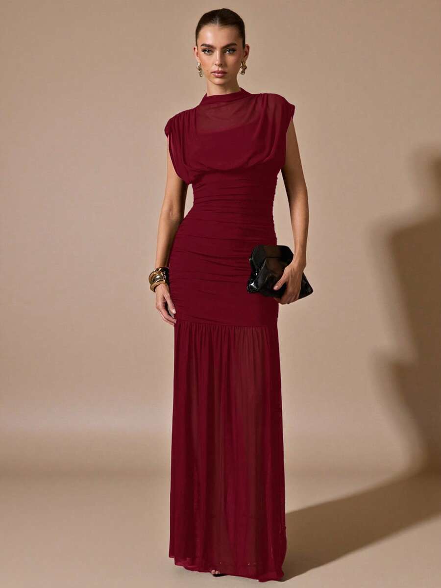 SHEIN BAE Đầm voan xếp ly màu đen thanh lịch, thích hợp cho những buổi hẹn hò lãng mạn, tiệc tùng, các sự kiện trang trọng, đầm phù dâu, đầm hè cho nữ, đầm dự tiệc trà, năm mới, ngày Valentine, đầm ngắn sinh nhật, đầm đen. - Màu Đỏ Sâu - Xem 1