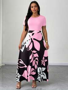 Maweii Đầm hai hàng cúc cổ lệch bất đối xứng in họa tiết đá cẩm thạch dành cho nữ cỡ lớn - Hồng - Xem 5