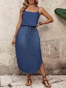 EMERY ROSE 女士打结开衩不对称下摆时尚度假约会牛仔吊带裙 - 藍色 - 查看 5
