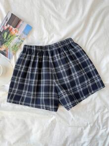 SHEIN 少女蓝白格子印花松紧腰贴布休闲短裤 - 藍白色 - 查看 2