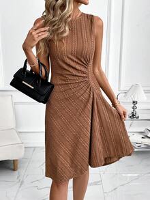 SHEIN Clasi 女士纹理圆领无袖褶皱休闲连衣裙 - 棕色 - 查看 5