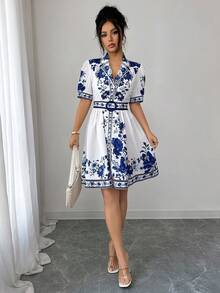 Rafferiza Bộ trang phục nghỉ mát lãng mạn, thanh lịch dành cho nữ, váy ngắn tay ngắn in hoa màu xanh trắng, eo thon, thích hợp cho mùa xuân/hè. - Nhiều màu - Xem 3