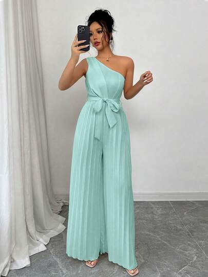 Elenzga Elegant Solid Color Ruched Waist Jumpsuit For Women