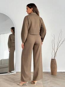EURMUSE Women's Brown Double-Breasted Cropped Blazer And Wide Leg Pants Set - Brown - View 3