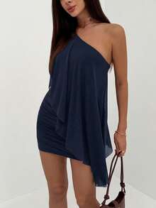 Aloruh Đầm ngắn nữ màu trơn lệch vai tay dài xếp nếp gợi cảm - Màu xanh hải quân - Xem 5