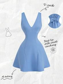 Franclia 女士短款简约时尚蝴蝶结连衣裙 - 藍色 - 查看 9