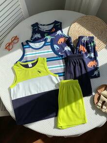 SHEIN 6件套男童夏季休闲度假可爱卡通条纹背心短裤基础款套装 - 彩色 - 查看 7