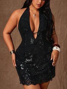 Rustia Plus Size Black Sequin Spaghetti Strap Crop Top Bodycon Party Mini Dress, Sleeveless Summer - Black - View 1