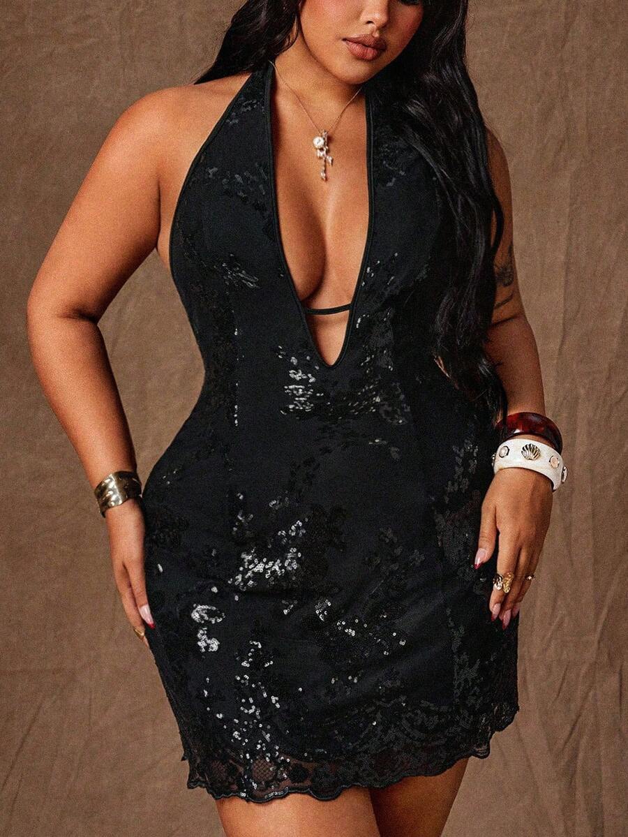 Rustia Plus Size Black Sequin Spaghetti Strap Crop Top Bodycon Party Mini Dress, Sleeveless Summer - Black - View 1