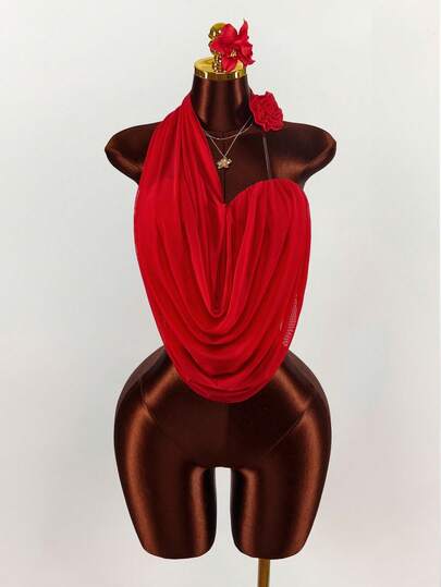 Amplova 不对称女式上衣，饰有薄纱和人造花朵