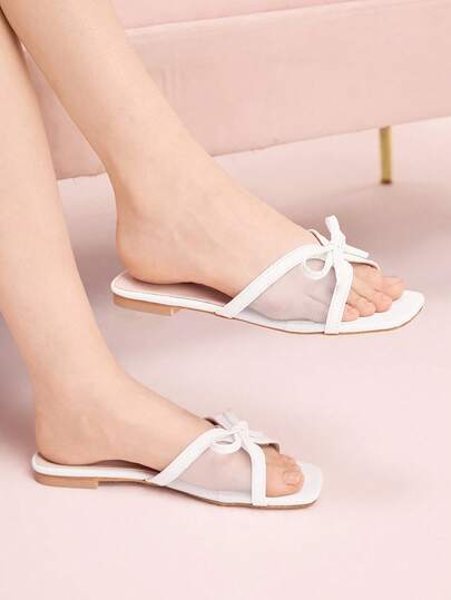 CUCCOO DOLLMOD Women's Beige Cute Bow Decor Square Toe Casual Flat Slippers