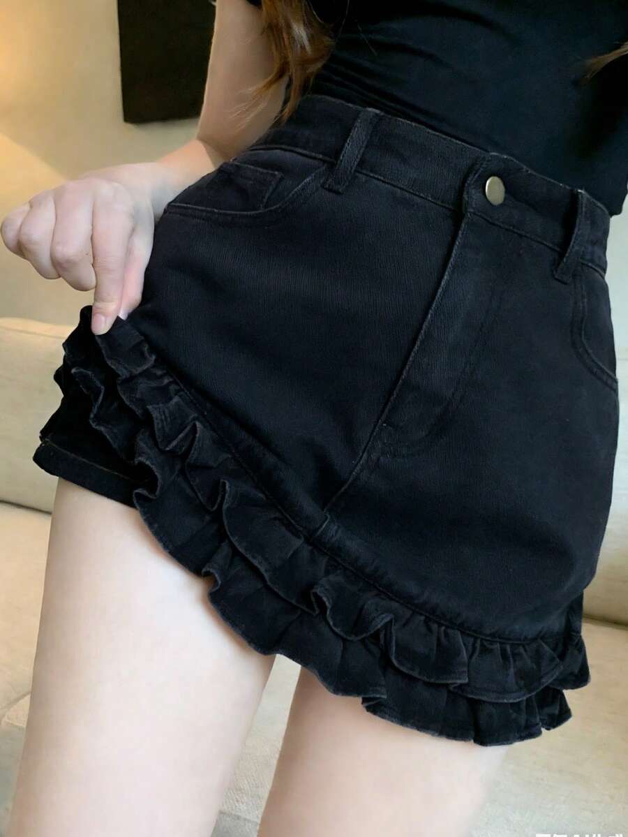 FRIFUL 女士休闲水洗牛仔荷叶边迷你裙 - 黑色 - 查看 1