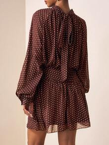 Zivah 2026 Spring/Summer New Music Festival, Easter, St. Patrick's Day, Valentine's Day, Date, Western, Nomadic, Birthday Party, Graduation, College, Student, Daily Wear, Basic Versatile, Casual, Vacation, Cruise Travel, Beach, Sunbathing, Viral , Streetwear, Wedding Guest Boho, Commute, Brunch, Airport, Party, Holiday Outing, Office Wear Brown Mini Dress With Stand Collar, Ruffle, Pleated, Mesh Polka Dot A-Line Long Sleeve - Brown - View 2