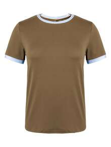 EMERY ROSE Women's Summer Hemmed Round Neck Short Sleeve Casual T-Shirt Graphic Tees Women Tops - Coffee Brown - View 3