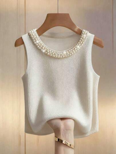 GlowEve CURVE 2026 Plus Size Women's Fashionable Casual Minimalist Versatile Pearl White Crew Neck Sweater Vest For Everyday Wear