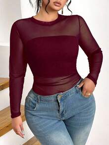 Elenzga Plus Size Classic Versatile Black Sexy Round Neck Long Sleeve Mesh T-Shirt - Burgundy - View 5