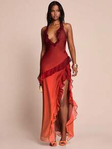 SHEIN BAE 渐变色V领高开衩荷叶边修身连衣裙，渐变色度假长裙，沙滩裙，夏季连衣裙 - 橘色 - 查看 1