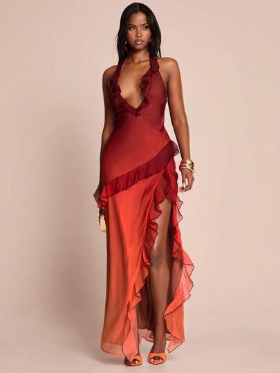 SHEIN BAE Robe ajustée à encolure en V fendue avec volants, robe longue de vacances dégradée, robe de plage, robe d'été