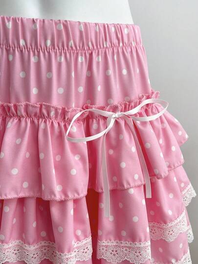 Elamini 1件黑白波点印花低腰蝴蝶结蕾丝荷叶边休闲派对可爱女士迷你裙