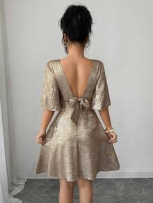 SHEIN Raffinéa Đầm ngắn nữ thanh lịch, lưng khoét sâu, buộc dây, tay bồng, thắt eo, thích hợp cho các buổi đi chơi và hẹn hò, mùa xuân/hè. - Vàng - Xem 2