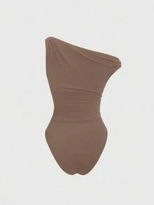 Sweetra Metal Decor Ruched Casual Bodysuit, Versatile For Spring/Summer Brown Bodysuit - Khaki - View 2