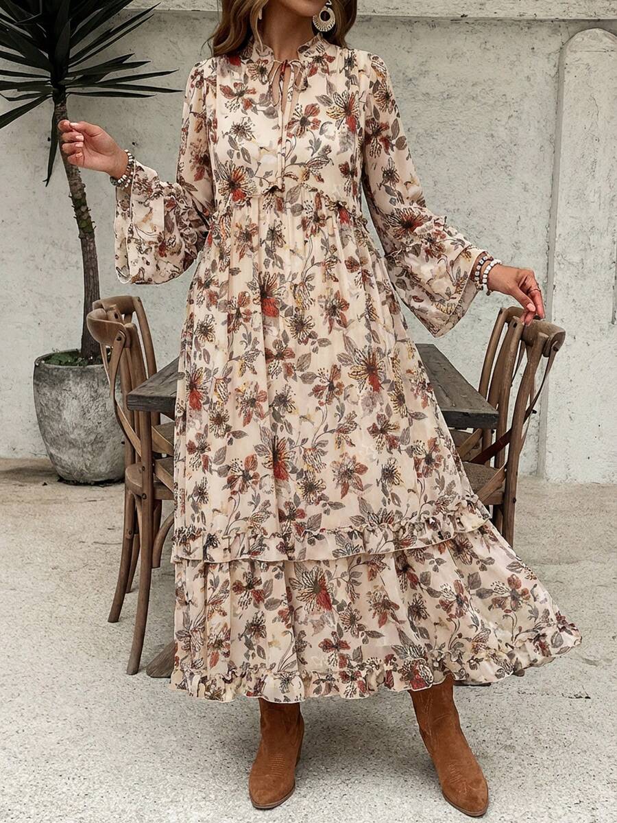 SHEIN VCAY Vestido Plus Size Feminino Estampado Floral com Amarração no Decote