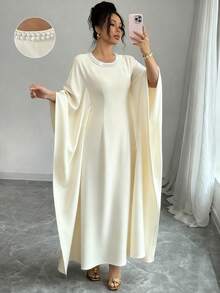 Rafferiza Vestido largo de mujer color albaricoque con cuello redondo decorado con perlas, mangas de murciélago conservadoras, adecuado para fiestas, festivales y banquetes - Albaricoque - Ver 3