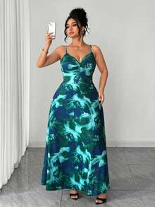 SHEIN Elenzya 大码女式扎染印花针织吊带连衣裙，扭腰设计，开衩下摆，优雅百搭，适合外出和通勤。 - 綠色 - 查看 6